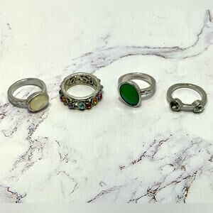 4 Silver tone rings with colored rhinestones and beads